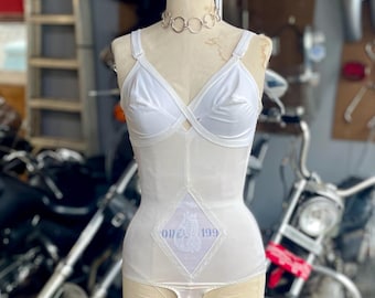 Vintage 1960 Ivory Body Suit Lingerie with Sheer Floral Panel