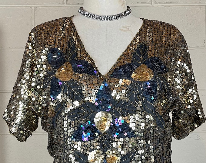 Vintage 1980 Gold Sequin Flower Top