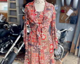 Vintage 1970 2-piece Paisley Dress and Tie Front Blouse Bohemian Hippie