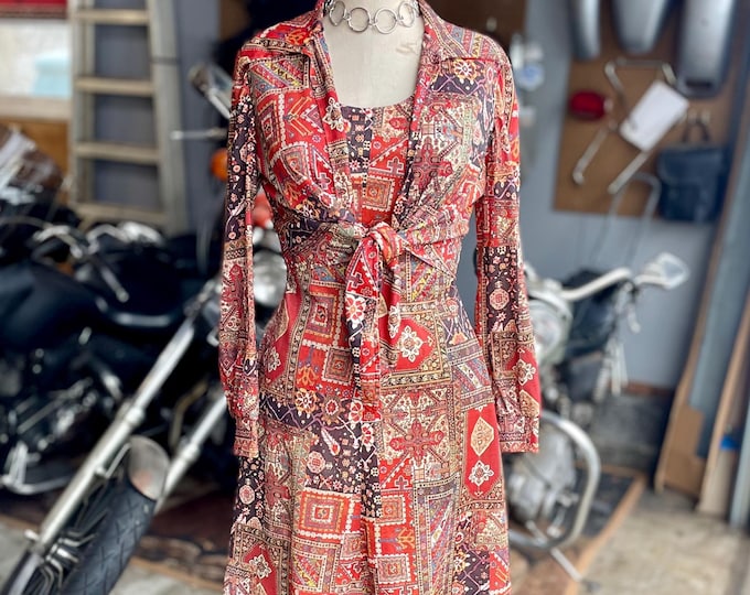 Vintage 1970 2-piece Paisley Dress and Tie Front Blouse Bohemian Hippie