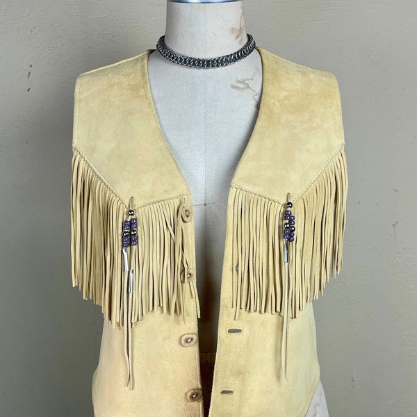Vintage 1980 Soft Leather Fringe Vest with Beads
