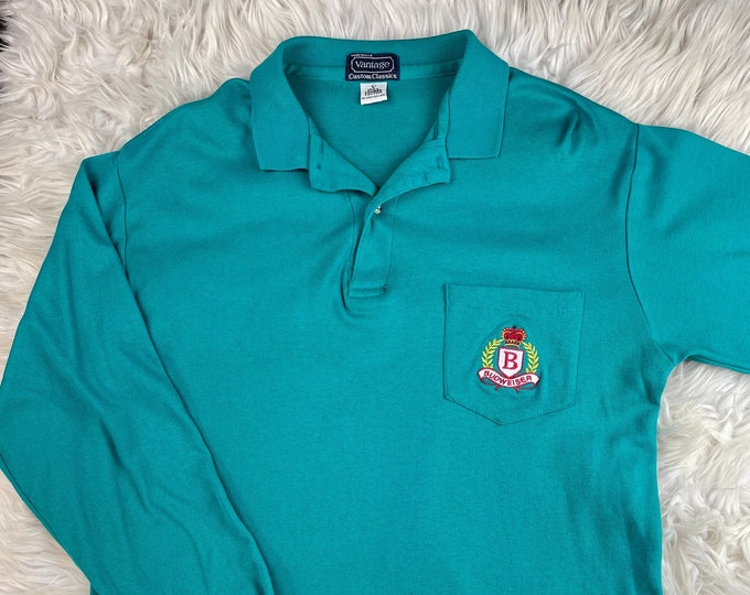 Vintage 1990 Budweiser Employee Pocket Front Teal Polo Longsleeve