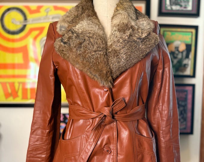 Vintage 1970 Brown Leather & Rabbit Fur Trim Penny Lane Jacket