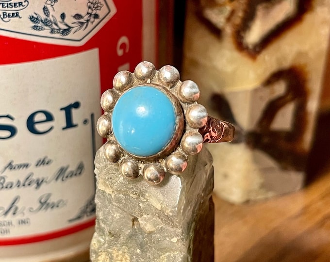 Vintage Western Style Daisy Blue Sterling Silver Ring size 5 3/4