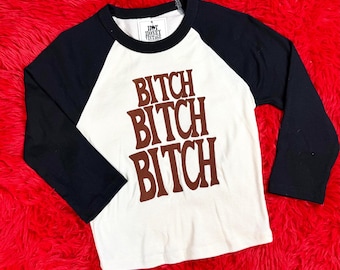3/4 Sleeve Raglan Ribbed Baby Tee With Vintage Inspired Bitch Graphic