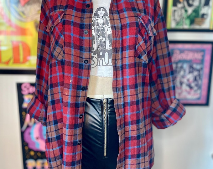 Vintage 1980 Orange + Blue Lightweight Pine Grove Flannel