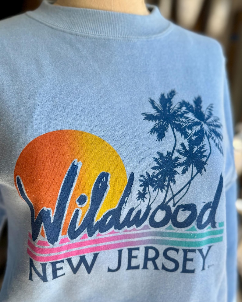May include: Light blue sweatshirt with a graphic of a sunset, palm trees, and the text "Wildwood NEW JERSEY" in navy blue. The sunset is a gradient of orange and yellow. The text is in a retro font.