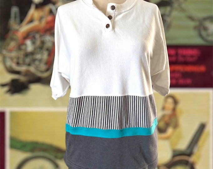 Vintage 1980 Color Blocked and Striped Henley Shirt