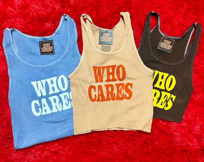 Ribbed Tank with Who Cares Vintage Inspired Graphic
