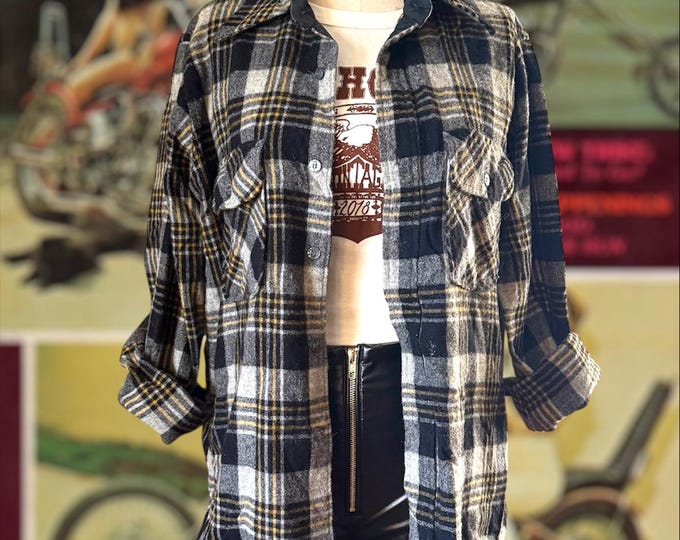 Vintage 1970 Black Yellow and White Sears Wool Flannel
