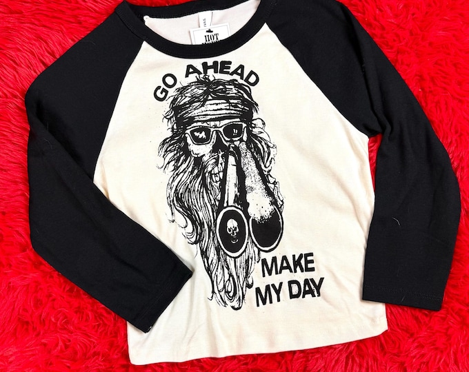3/4 Sleeve Raglan Ribbed Baby Tee With Vintage Inspired Make My Day Graphic