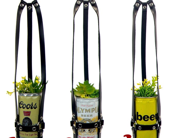 Vintage Beer Can Hanging Plant Holder with Leather Straps