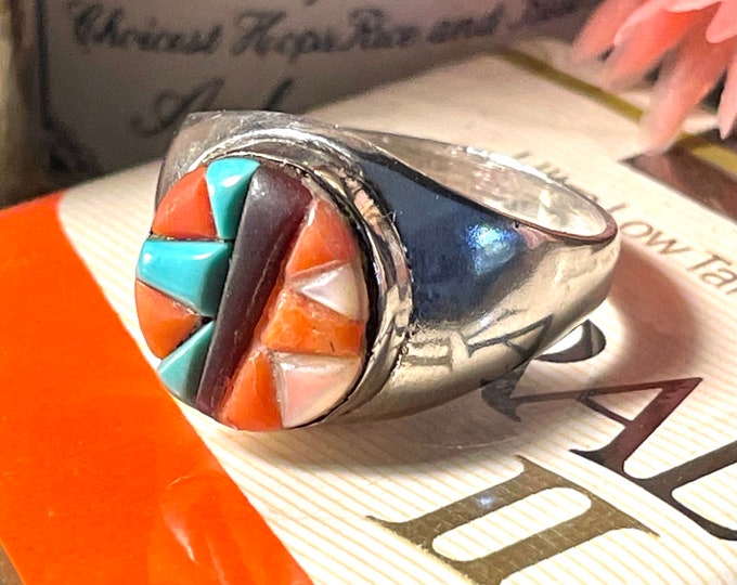 Vintage Enamel Modern Art Sterling Silver Western Ring size 11