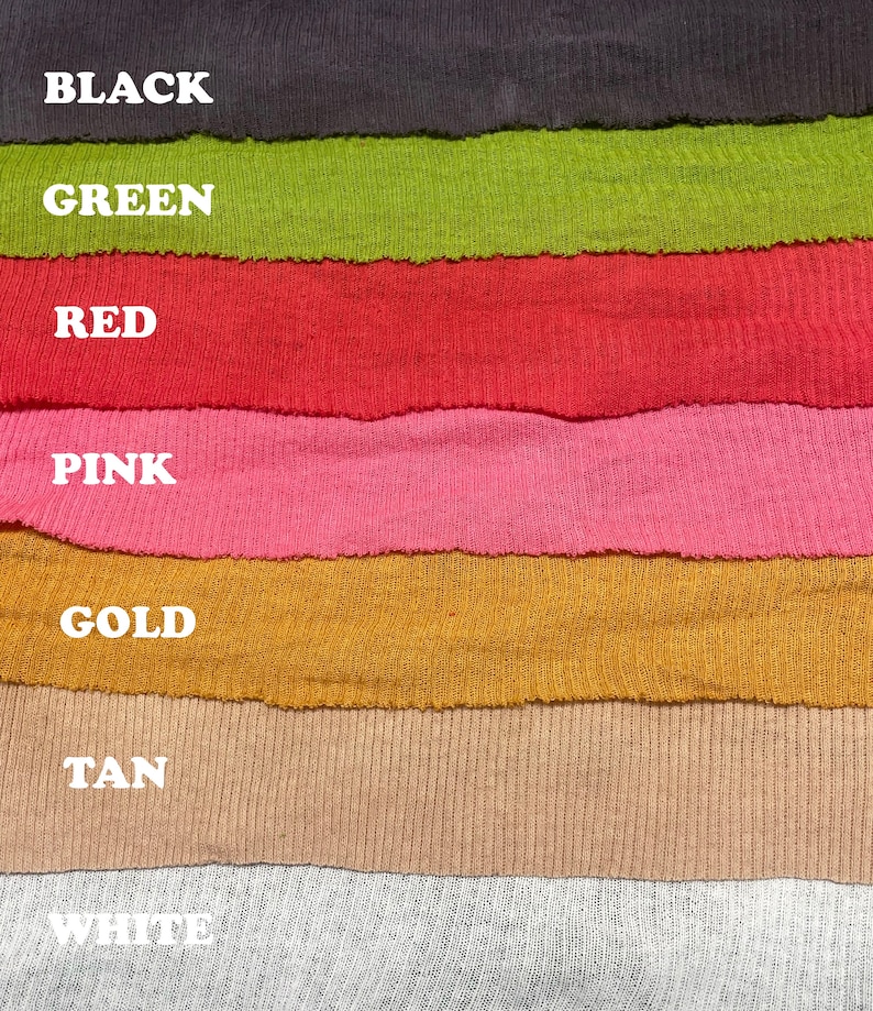 May include: A close-up of seven fabric swatches in different colors. The swatches are arranged vertically, with the top swatch being black, followed by green, red, pink, gold, tan, and white.