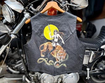 Handpainted Vintage Women’s Leather Motorcycle Vest with Warrior