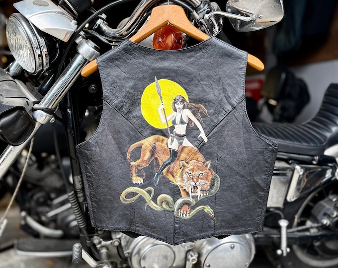 Handpainted Vintage Women’s Leather Motorcycle Vest with Warrior