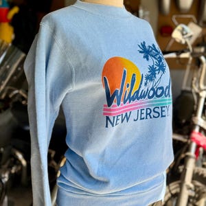 May include: Light blue sweatshirt with the text "Wildwood NEW JERSEY" in a colorful design featuring a sunset and palm trees. The sweatshirt is displayed on a mannequin.