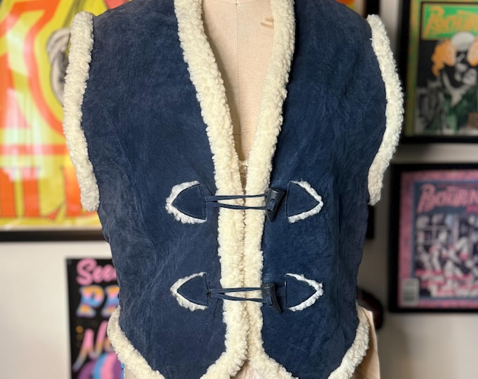 Vintage 1990 Blue Suede & Shearling Folk Vest size large