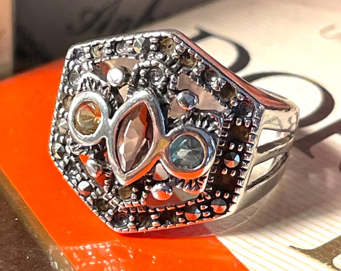 Vintage Topaz and Amethyst Sterling Silver 925 Art Deco Ring size 6