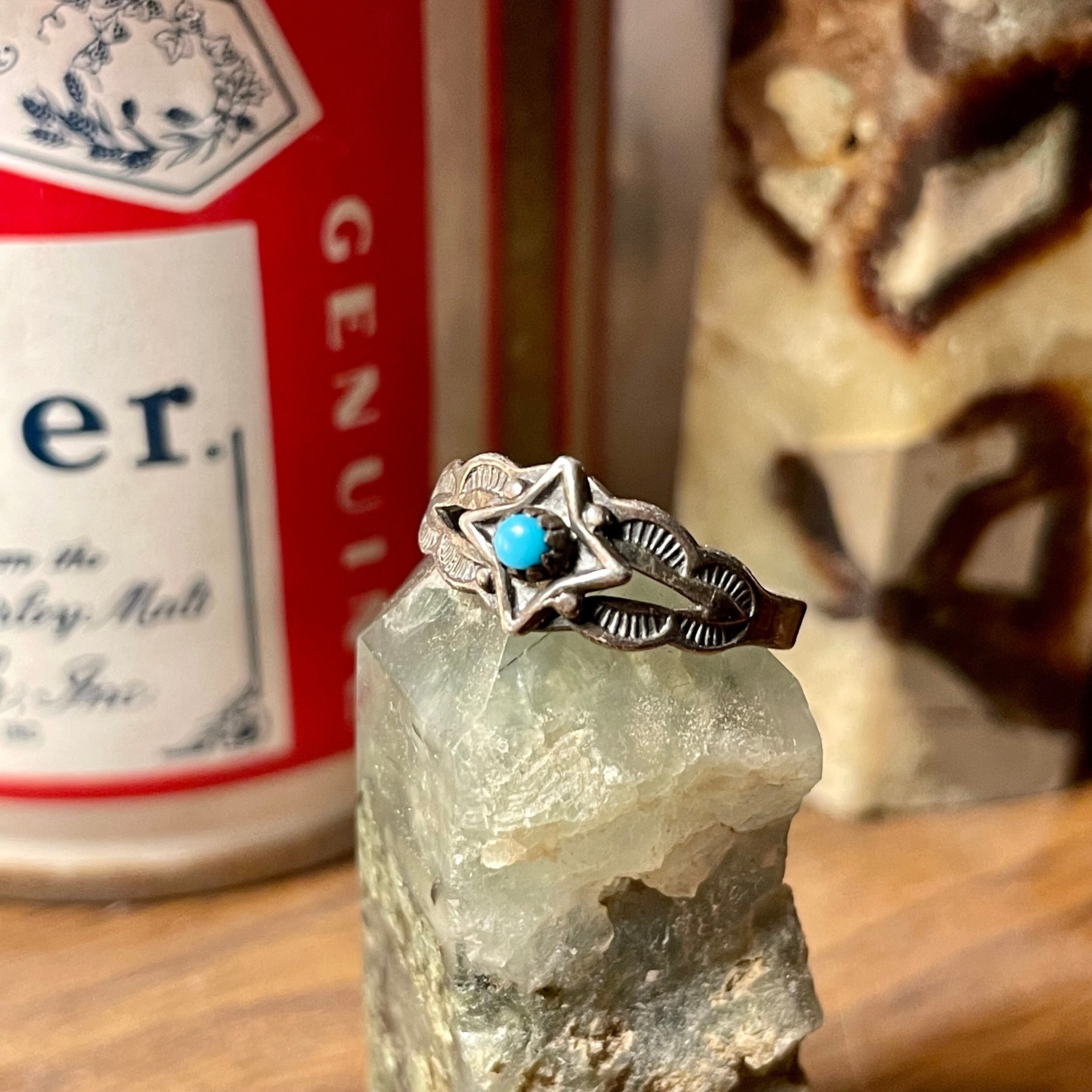 Western Style Rings Vintage Western Style Turquoise Micro Sterling Silver Ring size 4