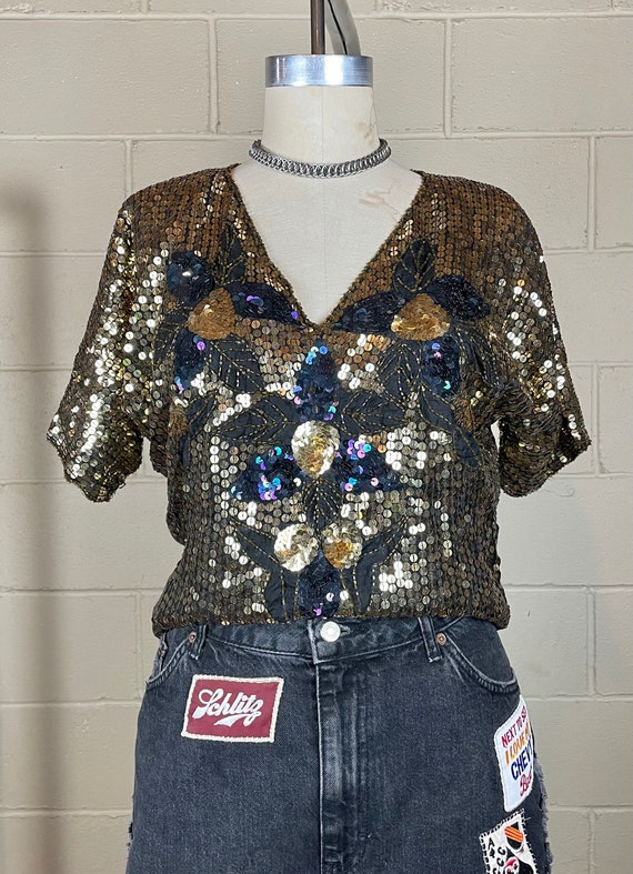 Vintage 1980 Gold Sequin Flower Top - image 1