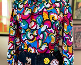 Vintage 1990 Hyper Colorful Graphic High-Neck Blouse