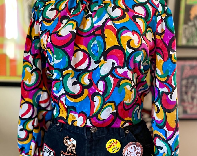 Vintage 1990 Hyper Colorful Graphic High-Neck Blouse