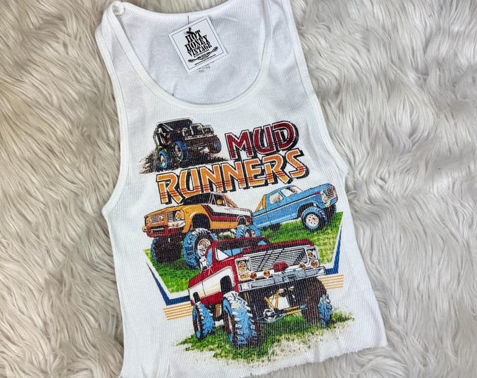 Ribbed Tank with Mud Runner Trucks Vintage Inspired Graphic