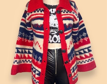 Vintage 1970 Red White and Blue Bell Sleeve Winter Cardigan