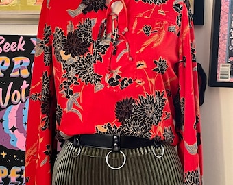 Vintage 1960 1970 Red Floral Polyester Blouse with High Collar