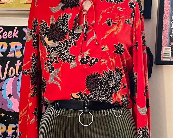 Vintage 1960 1970 Red Floral Polyester Blouse with High Collar