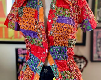 Vintage 1960 Red Patchwork Accordion Folk Blouse