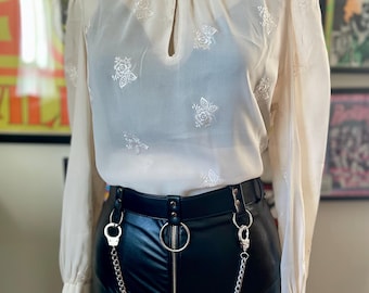 Vintage 1960 1970 Sheer Ivory Blouse with Floral Embroidery