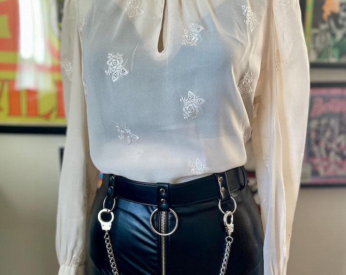 Vintage 1960 1970 Sheer Ivory Blouse with Floral Embroidery
