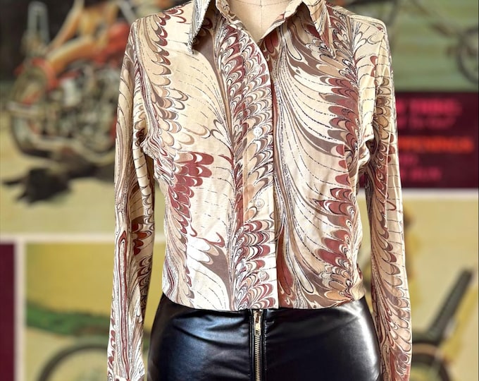 Vintage 1970 Ecco Bay Sheer Mesh Disco Shirt with Abstract Pattern