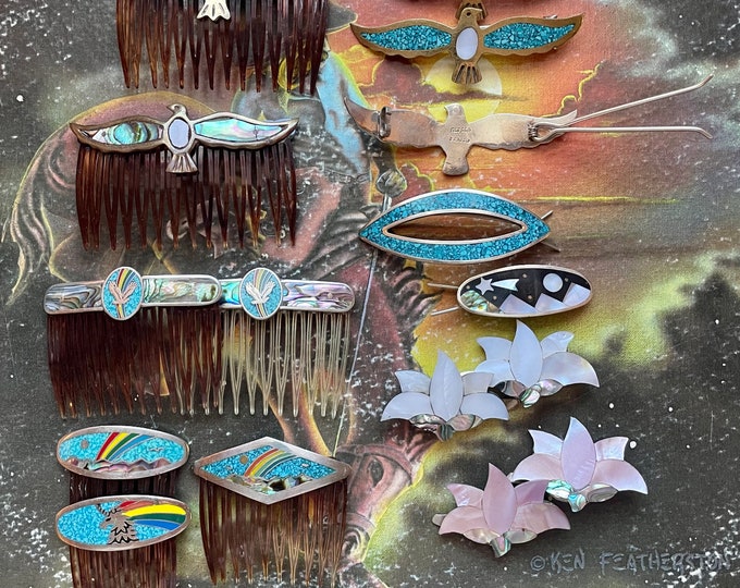 Vintage Southwestern Hair Combs and Barrettes Abalone Shell Mother of Pearl Alpaca Mexico