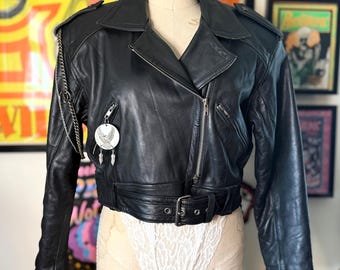 Vintage 1980 Cropped Leather Motorcycle Jacket with Chains size small