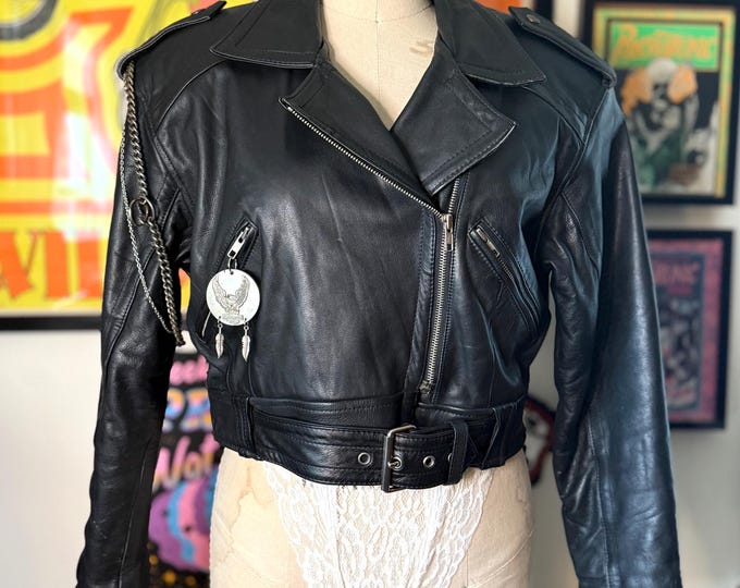 Vintage 1980 Cropped Leather Motorcycle Jacket with Chains size small