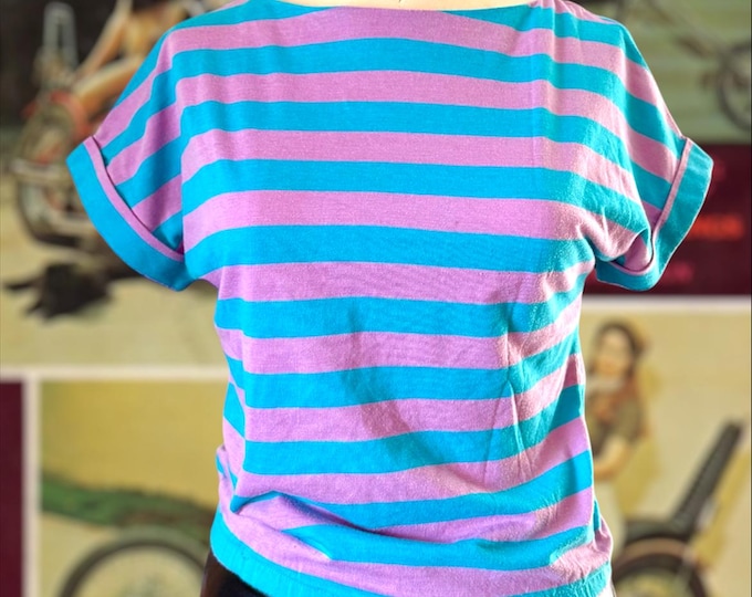 Vintage 1980 Teal and Pastel Purple Pink GAP Boatneck Shirt