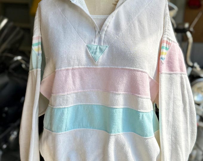 Vintage 3/4 Zip White Teal and Pink Sweatshirt
