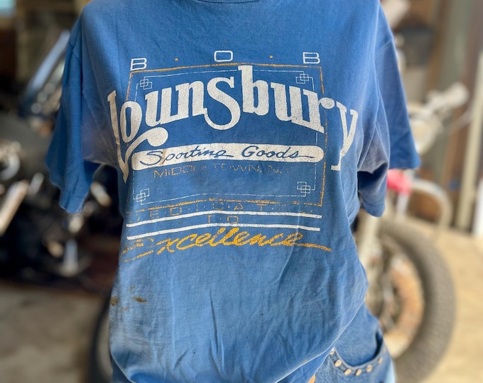 Vintage 1980 Paperthin Sporting Goods Store Blue Shirt
