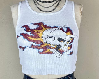 Ribbed Tank with Flaming Skull Vintage Inspired Graphic