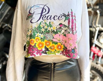 Vintage Cropped Floral Peace White Sweatshirt