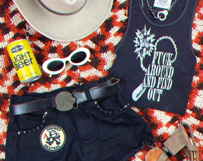 Ribbed Tank with Fuck Around Mace Vintage Inspired Graphic