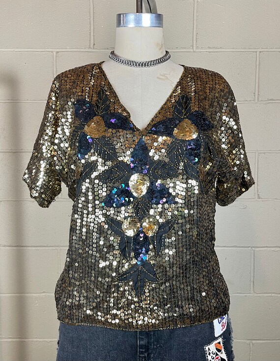 Vintage 1980 Gold Sequin Flower Top - image 3