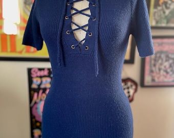 Vintage 1960 Navy Knit Lace-Up Hippie Sweater