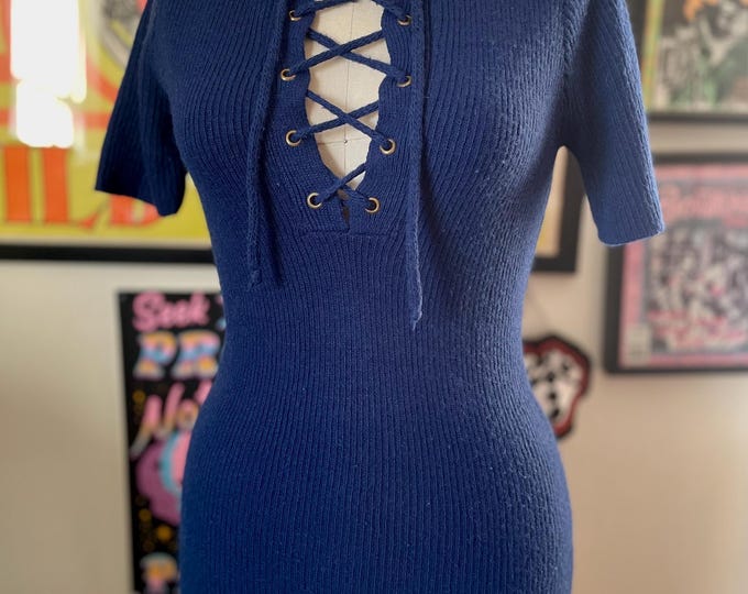 Vintage 1960 Navy Knit Lace-Up Hippie Sweater
