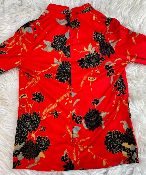 Vintage 1960 1970 Red Floral Polyester Blouse wit… - image 5