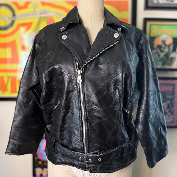 Vintage 1990 Patchwork Leather Motorcycle Jacket Size 16 - Etsy