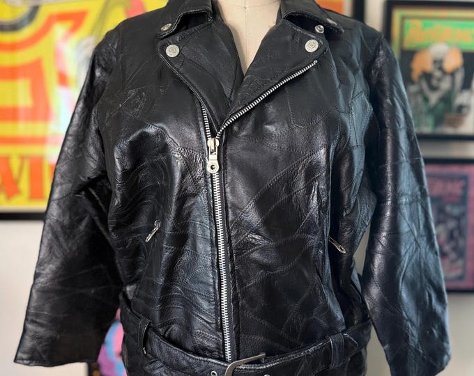 Vintage 1990 Patchwork Leather Motorcycle Jacket size 16